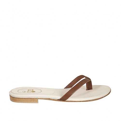 Woman's thong mules in cognac brown leather heel 1 - Available sizes:  42