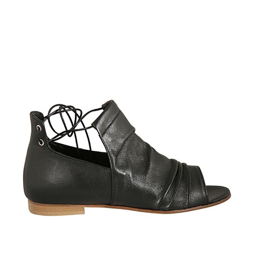Woman's open shoe in black leather with laces and heel 1 - Available sizes:  33