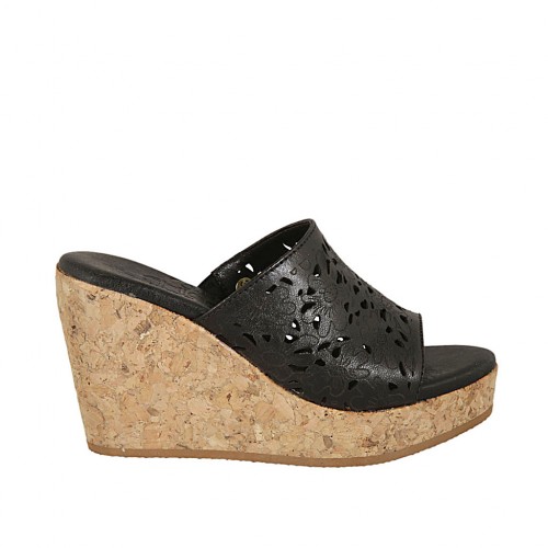 Woman's open mules in black-colored pierced leather with platform and wedge heel 9 - Available sizes:  42