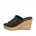 Woman's open mules in black-colored pierced leather with platform and wedge heel 9 - Available sizes:  42