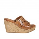 Woman's open mules in tan brown pierced leather with platform and wedge heel 9 - Available sizes:  42