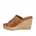 Woman's open mules in tan brown pierced leather with platform and wedge heel 9 - Available sizes:  42