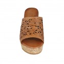 Woman's open mules in tan brown pierced leather with platform and wedge heel 9 - Available sizes:  42