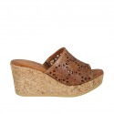 Woman's open mules in tan pierced leather with platform and wedge heel 7 - Available sizes:  42