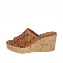 Woman's open mules in tan pierced leather with platform and wedge heel 7 - Available sizes:  42