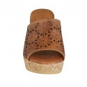 Woman's open mules in tan pierced leather with platform and wedge heel 7 - Available sizes:  42