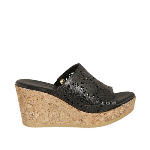 Woman's open mules in black-colored pierced leather with platform and wedge heel 7 - Available sizes:  42