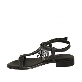 Woman's thong sandal with strap in black leather with steel grey fringes heel 2 - Available sizes:  33 2