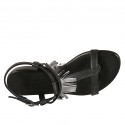 Woman's thong sandal with strap in black leather with steel grey fringes heel 2 - Available sizes:  33, 43
