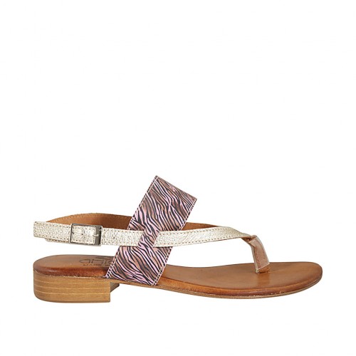 Woman's flip-flop sandal in platinum laminated leather and striped printed suede heel 2 - Available sizes:  42