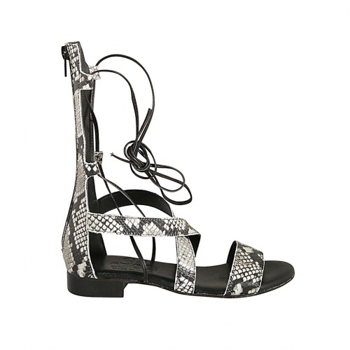 Woman's gladiator open shoe with zipper and laces in black and white printed leather heel 2 - Available sizes:  33