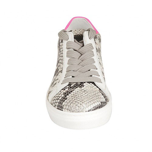 Zapato para mujer con cordones y plantilla extraible en piel blanca y fucsia  y piel imprimida negra y beis cuña 2