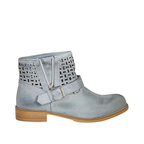 Woman's ankle boot with buckle and zipper in blue grey leather and pierced leather heel 3 - Available sizes:  33, 43