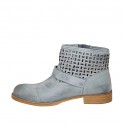Woman's ankle boot with buckle and zipper in blue grey leather and pierced leather heel 3 - Available sizes:  33, 43