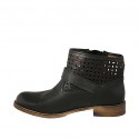 Woman's low ankle boot with buckle and zipper in black leather and pierced leather heel 3 - Available sizes:  32