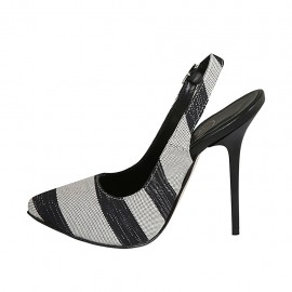 Slingback für Damen mit Plateau aus schwarzem, weissem und silberlaminiertem Stoff Absatz 12 - Verfügbare Größen:  32, 33, 34, 42, 43, 46, 47 2