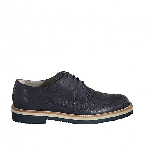 Zapato con cordones para hombre en piel y piel trensada azul
