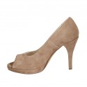 Escarpin à bout ouvert avec plateforme en daim beige talon 9 - Pointures disponibles:  42