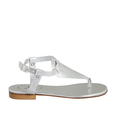 Woman's thong sandal with strap in silver laminated printed leather heel 1 - Available sizes:  42