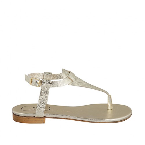 Woman's thong sandal with strap in platinum laminated printed leather heel 1 - Available sizes:  42