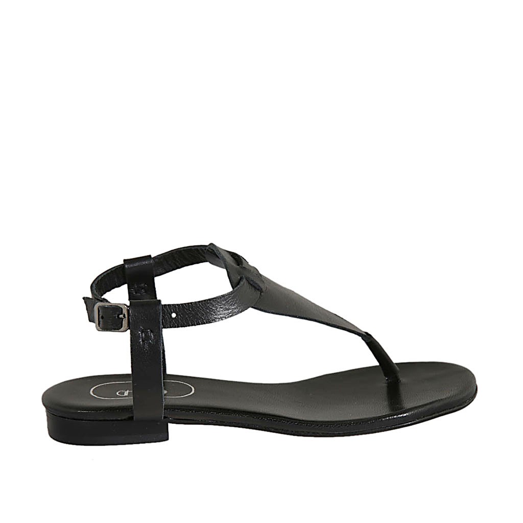 Woman's thong sandal with strap in black leather heel 1