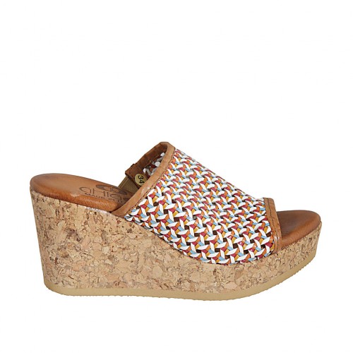 Woman's open mules in multicolored braided leather with platform and wedge heel 7 - Available sizes:  42