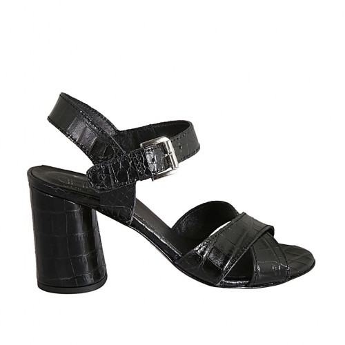 Woman's strap sandal in black printed leather heel 7 - Available sizes:  32