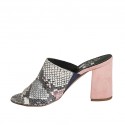 Woman's open mules in pink suede and multicolored printed leather heel 7 - Available sizes:  42