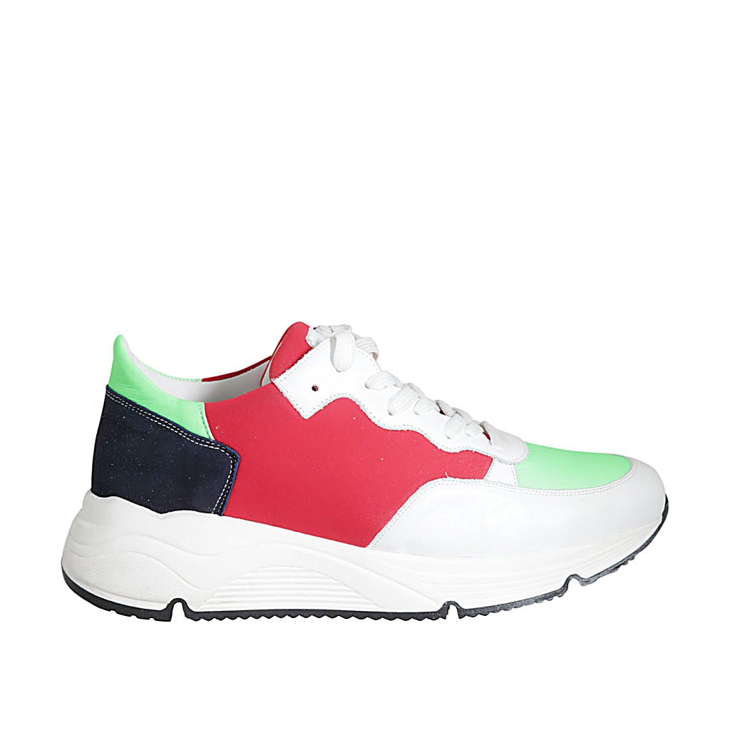 Zapato con cordones y plantilla extraible para mujer en piel blanca y verde,  gamuza azul y tejido rojo cuña 5