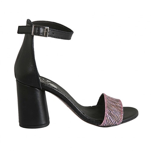 Woman's open shoe with ankle strap in black leather and printed striped pink suede heel 7 - Available sizes:  42, 44