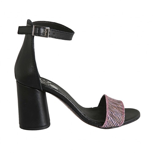 Scarpa aperta da donna con cinturino alla caviglia in pelle nera e camoscio stampato a righe rosa tacco 7 - Misure disponibili: 33, 34, 42, 43, 44, 45