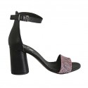 Zapato abierto para mujer con cinturon al tobillo en piel negra y gamuza imprimida rosa a rayas tacon 7 - Tallas disponibles:  42, 44