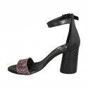 Woman's open shoe with ankle strap in black leather and printed striped pink suede heel 7 - Available sizes:  42, 44