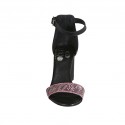 Offener Damenschuh mit Knöchelriemen aus schwarzem Leder und rosafarbenem streifenbedrucktem Wildleder Absatz 7 - Verfügbare Größen:  34, 42, 43, 44