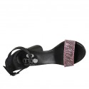Woman's open shoe with ankle strap in black leather and printed striped pink suede heel 7 - Available sizes:  42, 44