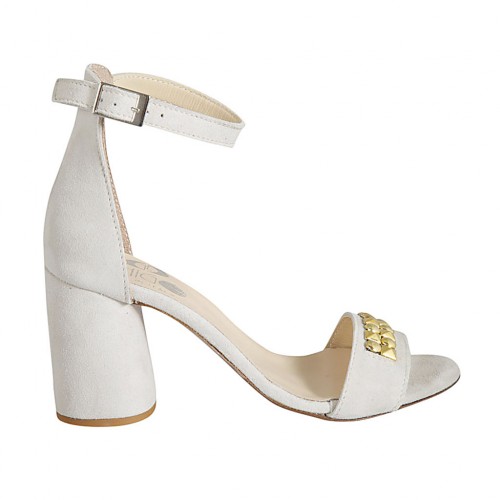 Woman's open shoe with ankle strap and studs in beige suede heel 7 - Available sizes:  42, 43