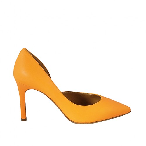 Woman's pump with sidecut in fluorescent orange leather heel 8 - Available sizes:  42, 43