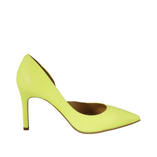 Escarpin pour femmes c t ouvert en cuir jaune fluorescent talon 8