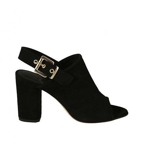 Woman's sandal with buckle in black suede heel 8 - Available sizes:  32, 33, 42