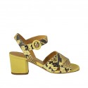 Woman's strap sandal in black and yellow printed leather heel 5 - Available sizes:  43
