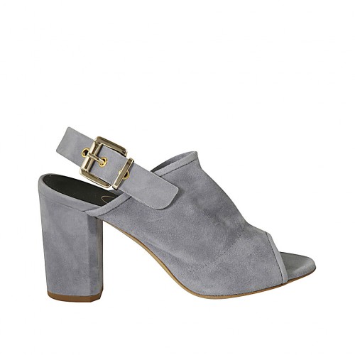 Woman's sandal with buckle in blue grey suede heel 8 - Available sizes:  33, 42