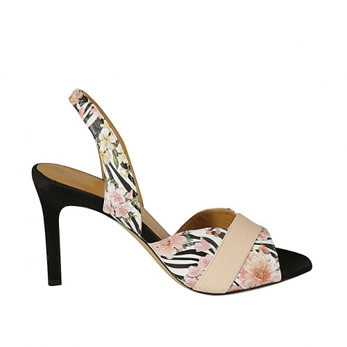 Woman's sandal in black satin, rose and floral printed multicolored leather heel 8 - Available sizes:  31