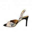 Woman's sandal in black satin, rose and floral printed multicolored leather heel 8 - Available sizes:  31