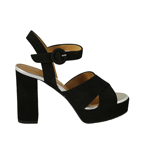 Woman's sandal in black suede and silver laminated leather with strap, platform and heel 9 - Available sizes:  42