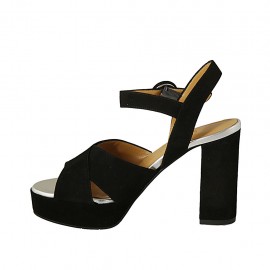 Woman's sandal in black suede and silver laminated leather with strap, platform and heel 9 - Available sizes:  42 2