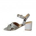 Woman's strap sandal in light blue and black printed leather heel 5 - Available sizes:  42, 43, 44, 45