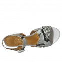 Woman's strap sandal in light blue and black printed leather heel 5 - Available sizes:  42, 43, 44, 45