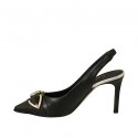 Woman's slingback pump with buckle and elastic band in black leather and laminated platinum leather heel 8 - Available sizes:  34