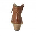 Woman's Texan ankle boot with zipper and embroidered captoe in tan brown leather heel 5 - Available sizes:  32, 33, 43, 45