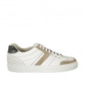 Men's sports laced shoe in blue and white leather, white pierced leather and beige suede  - Available sizes:  38, 46